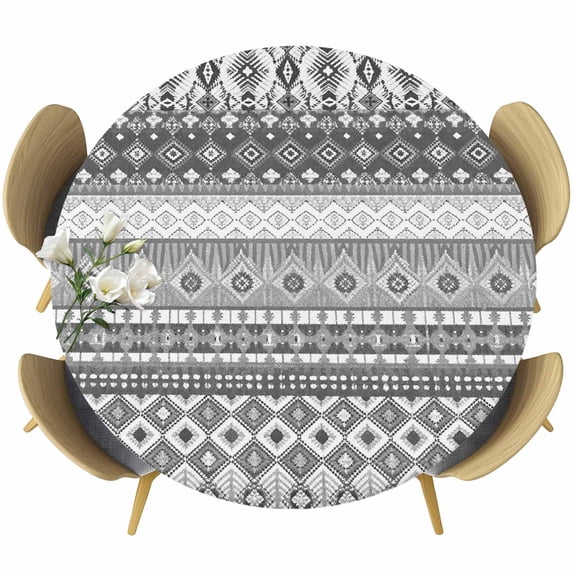 Grey White Boho Round Tablecloth, Fitted Table Cover with Elastic for 36"-44" Round Tables, Vintage Ethnic Tribe Abstract Art Table Cloth Outdoor Indoor Dinning Party Waterproof Tablecloths