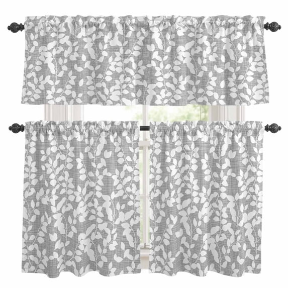 Grey White Botanical Kitchen Curtains Sets for Windows 36 Inch Length, Pastoral Spring Floral Summer Art Rod Pocket Window Treatments Tier Curtains and Valances Set for Bedroom/Bathroom