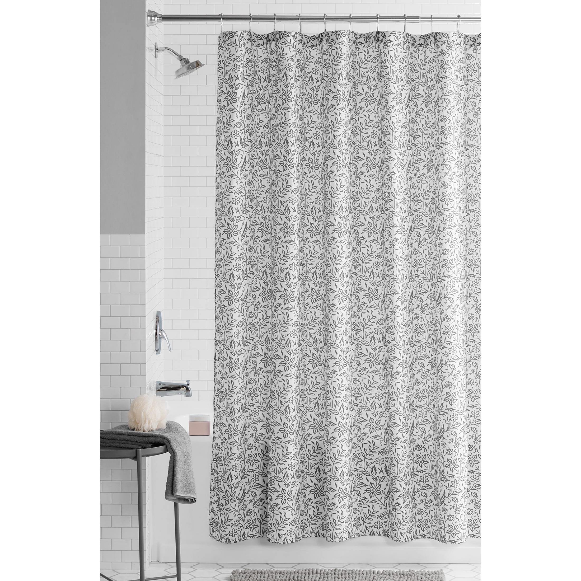 Grey/White Botanical Printed Fabric Shower Curtain + Medium Weight Liner