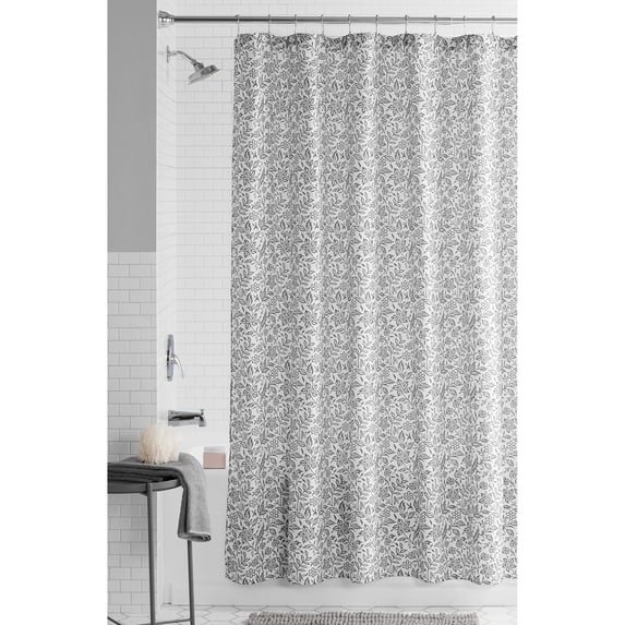 Grey/White Botanical Printed Fabric Shower Curtain + Medium Weight Liner