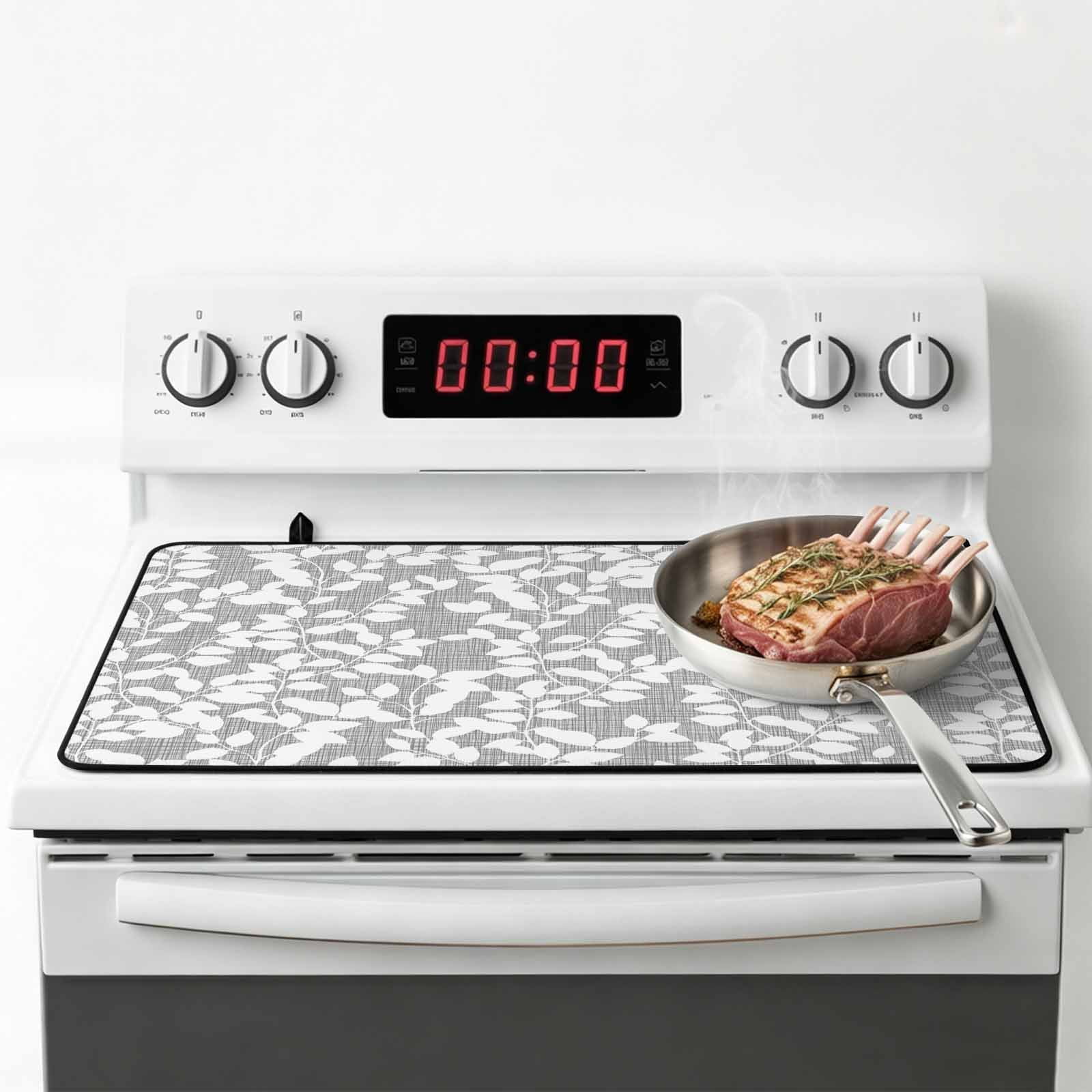 Grey White Botanical Stove Top Cover for Electric Stove, Heat-proof & Non Slip Glass Top Stove Cover Protector, Pastoral Spring Floral Summer Art Kitchen Flat Cooktop Rubber Mat 31x24 Inches