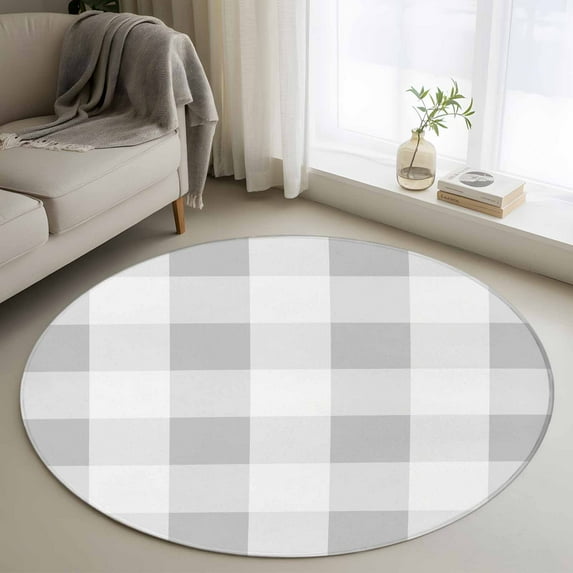 Grey White Buffalo Check 3ft Round Rug, Farmhouse Plaid Modern Geometric Non-Skid Rubber Backing Large Area Rugs - Living Room Bedroom Home Office, Indoor Floor Mat Carpets Washable Rug