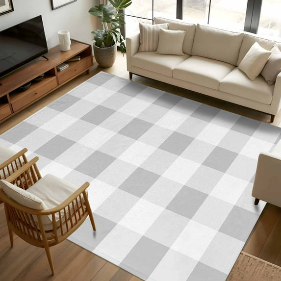 Grey White Buffalo Check 8x10 Area Rugs, Farmhouse Plaid Modern Geometric Non-Skid Rubber Backing Large Rectangle Rugs - Living Room Bedroom Home Office, Indoor Floor Mat Carpets Washable Rug