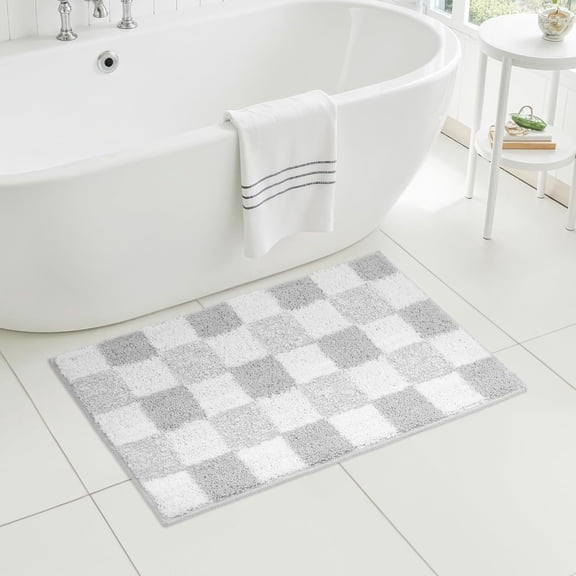 Grey and White Checkered Bathroom Rug 20 x 32 Inch, Soft Microfiber Bath Mat with 0.5 Inch Plush Pile, Rubber Backing, Machine Washable Floor Mat for Tub, Shower and Vanity, 1 Piece