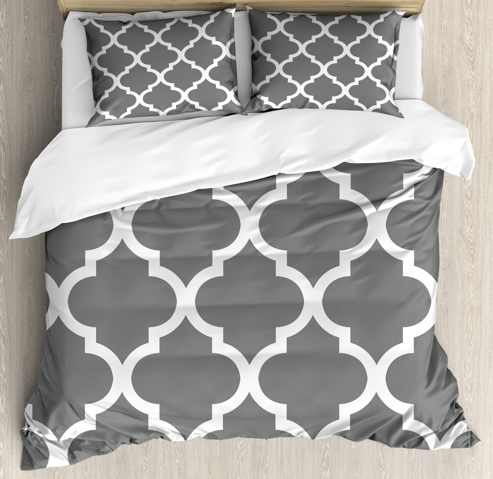 Grey and White Duvet Cover Set, Damask Geometric Ornamental Composition ...