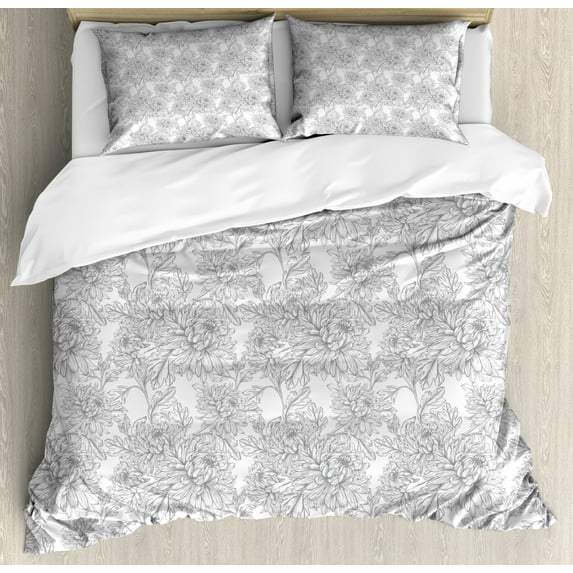 Grey and White Duvet Cover Set Queen Size, Vintage Chrysanthemum Flowers in Soft Tones Foliage Botanical Pattern, Decorative 3 Piece Bedding Set with 2 Pillow Shams, Pale Grey White, by Ambesonne