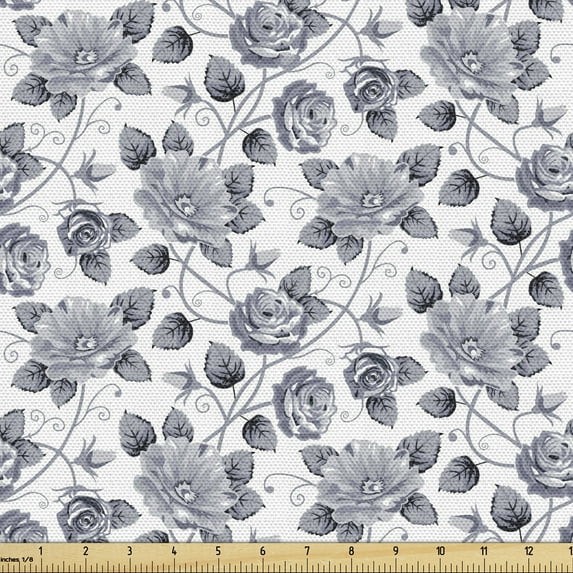 Ambesonne Grey and White Fabric by the Yard Upholstery, Romatic Roses, 5 Yards, Grey and White