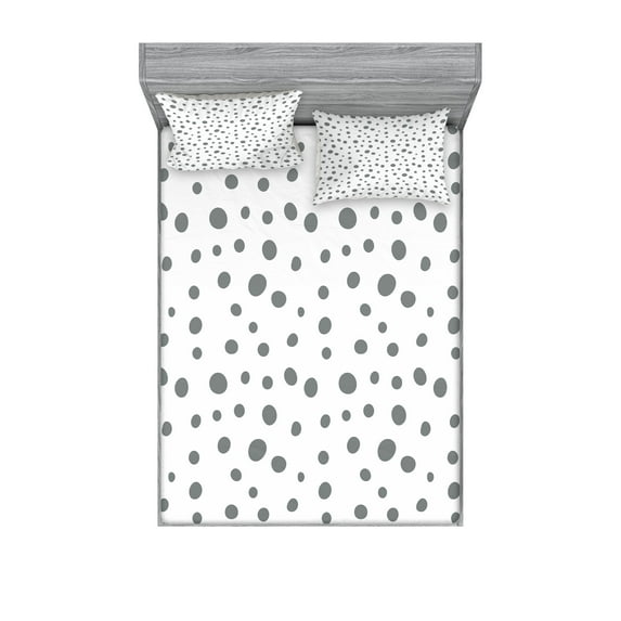Grey and White Fitted Sheet & Pillow Sham Set, Simplistic Spotty Dalmatian Pattern in Retro Style with Doodle Design, Decorative Printed 6 Piece Bedding Decor Set, Full, Grey and White, by Ambesonne