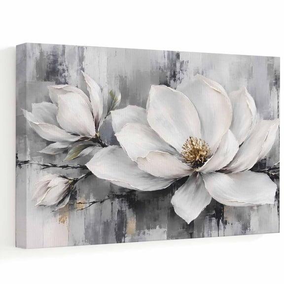Grey White Floral Canvas Wall Art, Vintage Minimalist Country Pastoral Flowers Wall Art Prints Artwork Framed Canvas Ready to Hang Art Pictures for Living Dining Room Bedroom Hallway 32" x 24"