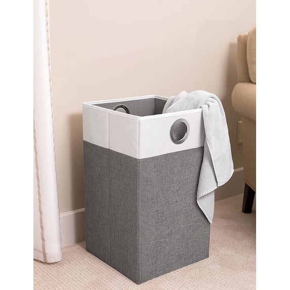 Grey & White Foldable Cloth Laundry Hamper with Handles - Collapsible Dirty Clothes Sorter for Easy Storage