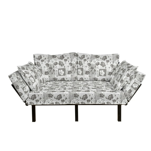 Grey and White Futon Couch, Hand Drawn Inflorescence on Tender Spring Tree Branches Striped, Daybed with Metal Frame Upholstered Sofa for Living Dorm, Loveseat, Grey and White, by Ambesonne