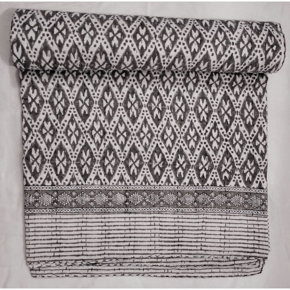 Grey White Geometric Block Print Kantha Quilt Handmade Cotton Bedspread Artisan Stitched Indian Boho Decor