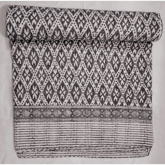 Grey White Geometric Block Print Kantha Quilt Handmade Cotton Bedspread Artisan Stitched Indian Boho Decor