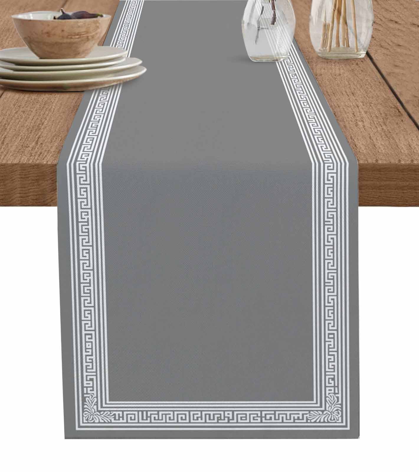 Grey White Geometric Burlap Cotton Table Runner 13x90 Inches Long, Country Greece Key Art Farmhouse Table Runners, Outdoor Dining Tablecloths Decor for Baby Shower/Party/Wedding