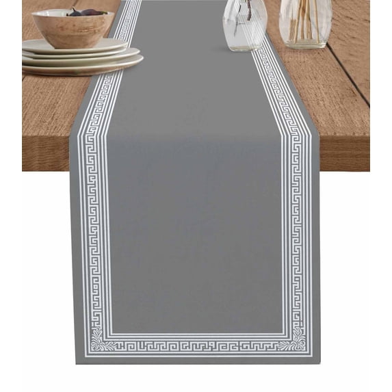 Grey White Geometric Burlap Cotton Table Runner 16x72 Inches Long, Country Greece Key Art Farmhouse Table Runners, Outdoor Dining Tablecloths Decor for Baby Shower/Party/Wedding
