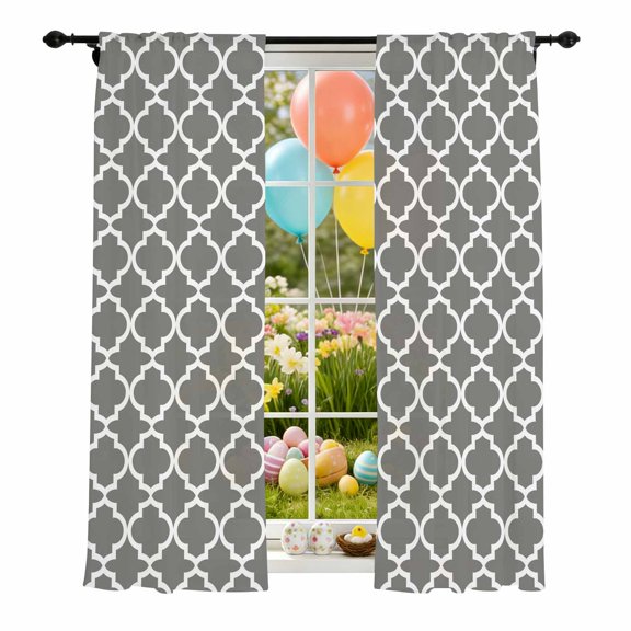 Grey White Geometric Sheer Curtains 84 Inch Long Rod Pocket Semi Transparent Light Filtering Window Drapes for Kitchen Bedroom Living Room,2 Panels, Minimalist Morocco Pattern