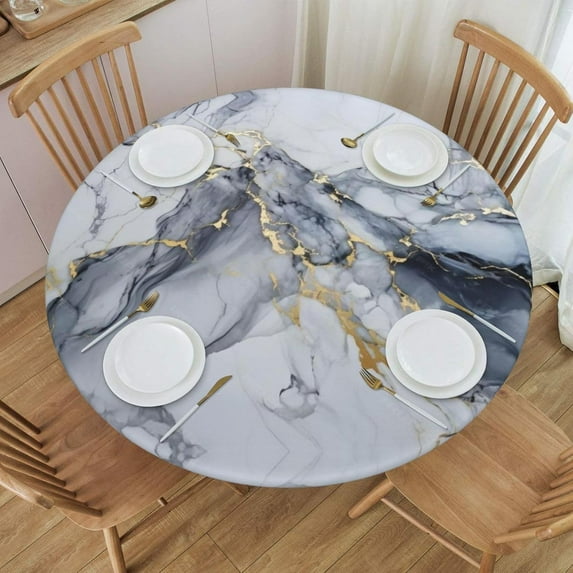 Grey White Gold Marble Round Tablecloth with Elastic Edge Table Cover Waterproof Reusable Table Cloth for Holiday Kitchen Party Patio,M(45"-52")