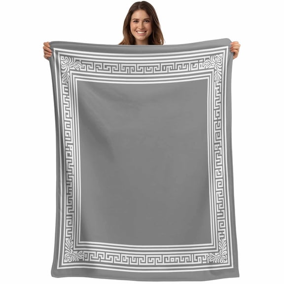 Grey White Greek Key Pattern Throw Blankets, Geometric Modern Soft Fleece Blanket Decorative for Home Sofa Couch Chair Living Bedroom, 40x50 inches,