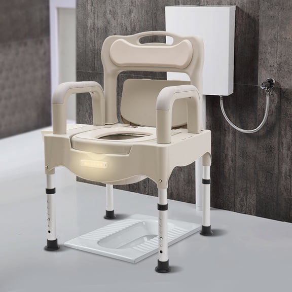Grey & White Height Adjustable Drop Arm Bedside Commode Chair, Portable Toilet with Padded Seat & Backrest, Heavy Duty Toilet Chair for Home