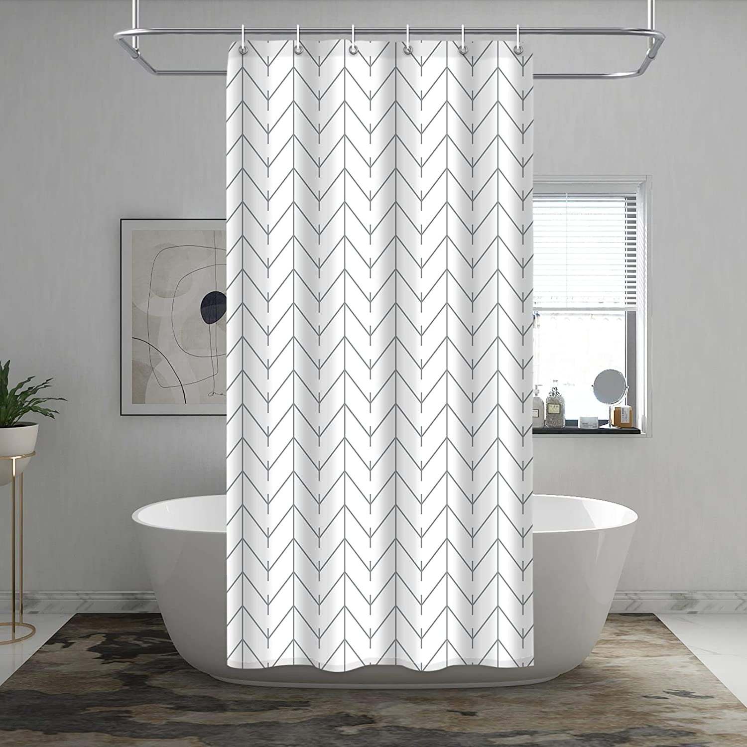 Grey and White Herringbone Shower Curtain, Modern Gray Geometric Chevron Striped Bathroom Decor, Waterproof Minimalist Fabric Polyester Set, with 12 Hooks 36 x 72 Inches