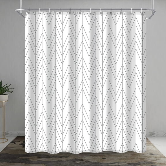 Grey and White Herringbone Shower Curtain, Modern Gray Geometric Chevron Striped Bathroom Decor, Waterproof Minimalist Fabric Polyester Set, with 12 Hooks 72 x 72 Inches