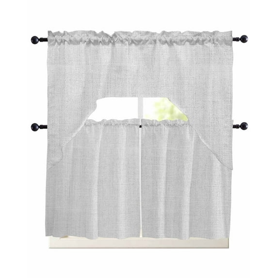 Grey White Kitchen Curtains Sets 24 Inch Length with Valance, Vintage Country Farmhouse Neutral Textured Swag Valances and Tiers Curtain Set Drapes Swag Curtains for Living Room, Bathroom, Bedroom