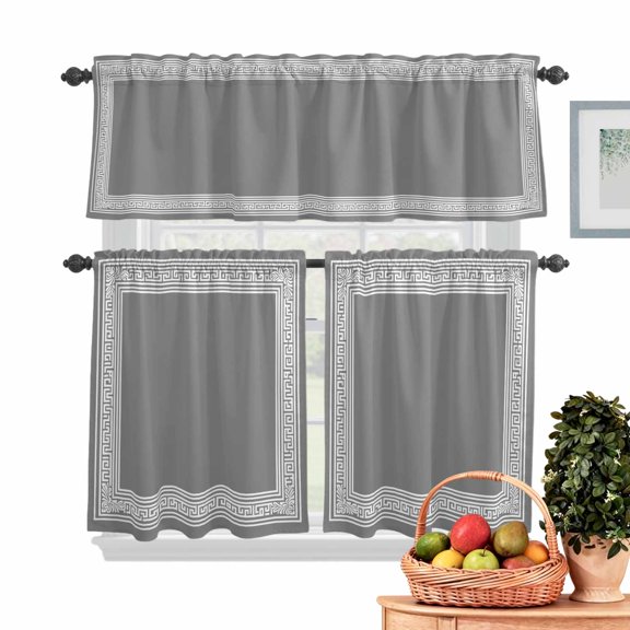 Grey White Kitchen Curtains Valances 3 Piece Set, Simplistic Greek Inspired Abstract Geometric Art Rod Pocket Tier Curtain and Valance Drapes for Small Window 24 Inch Length for Bedroom Cafe