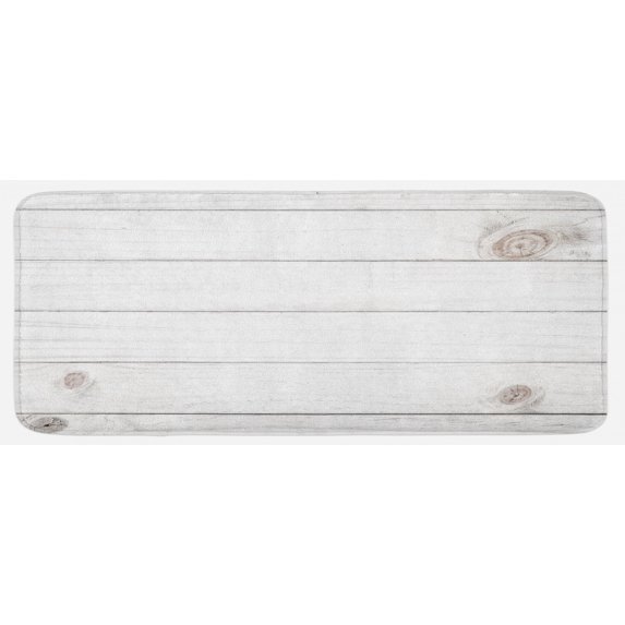 Grey and White Kitchen Mat, Wooden Planks Horizontal Lines Rustic Timber Soft Tone Oak Background House Image, Plush Decorative Kitchen Mat with Non Slip Backing, 47" X 19", White, by Ambesonne