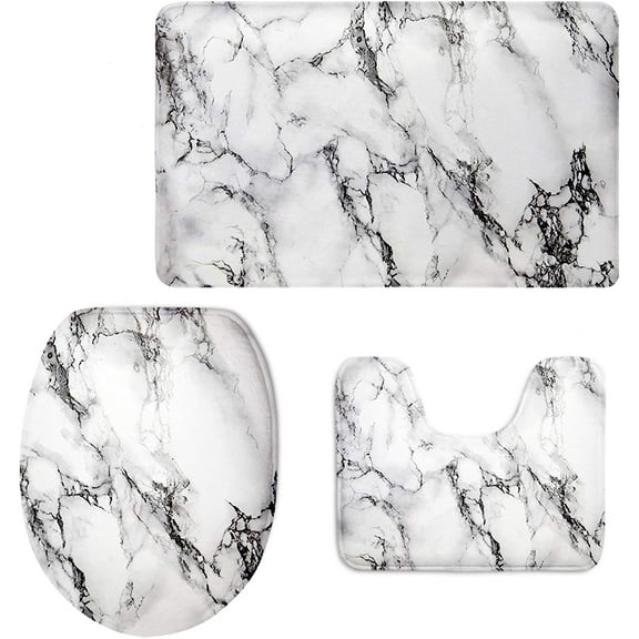 Grey White Marble 3 Piece Bathroom Rug Set Includes Bath Rug Contour Mat and Toilet Lid Cover Machine Washable