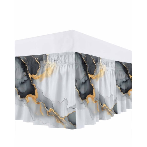 Grey White Marble Bed Skirt King Size, Ink Painting Modern Abstract Wrap Around Bed Skirting with Adjustable Elastic Strap, Dust Ruffled Pleated Bedskirts 18 Inch Drop for Bedroom King Beds