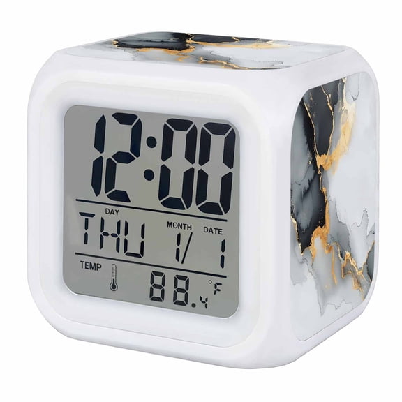 Grey White Marble Digital Alarm Clock for Bedrooms, Smart LED Alarm Clock with 7 Color Changing Night Light, Ink Painting Modern Abstract Silent Wake Up Clocks for Sleep Study Cooking 3.2"x3.2"