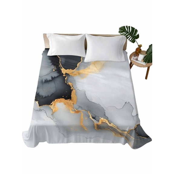 Grey White Marble Flat Sheet Only Twin Size, Soft Breathable Bed Top Sheets for Mattress, Ink Painting Modern Abstract Luxury Bedding Flat Sheets for Home Hotel Bedroom Bed Protection