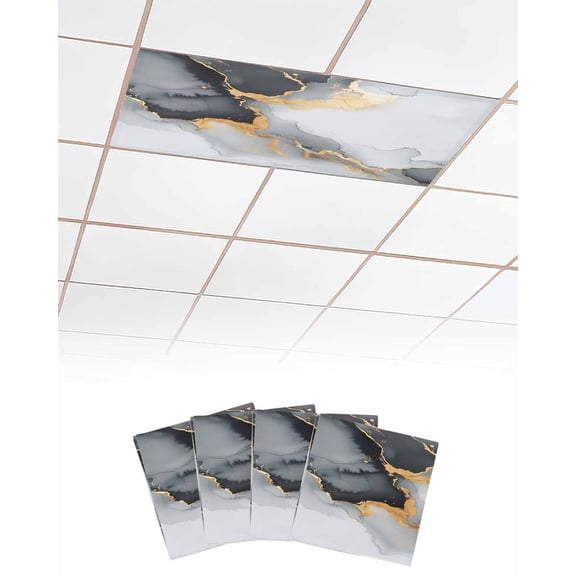 Grey White Marble Fluorescent Light Covers for Ceiling Lights 4x2 feet,4 Pack Magnetic Light Filters for Classroom,Ink Painting Modern Abstract Fluorescent Light Shade Panel for Office School Drop