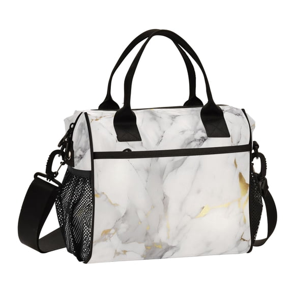 Grey White Marble Lunch Bag Insulated Lunch Box Leakproof Reusable Cooler Tote Adjustable Shoulder Strap for Men Women 9L