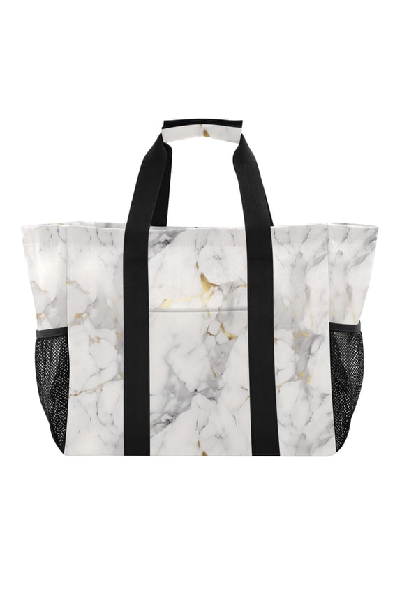 Grey White Marble Reusable Grocery Bags with Handle Side Pocket Waterproof Shopping Portable Tote