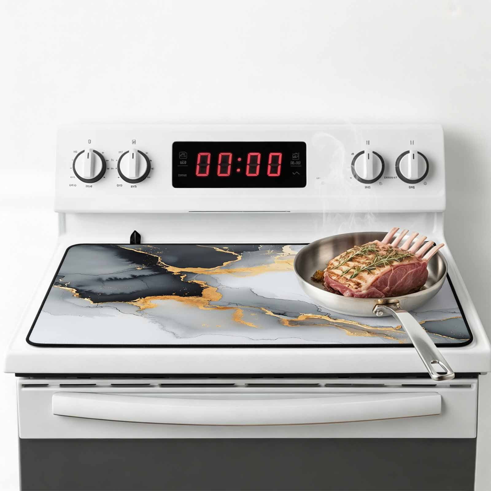 Grey White Marble Stove Top Cover for Electric Stove, Heat-proof & Non Slip Glass Top Stove Cover Protector, Ink Painting Modern Abstract Kitchen Flat Cooktop Rubber Mat 24x21 Inches