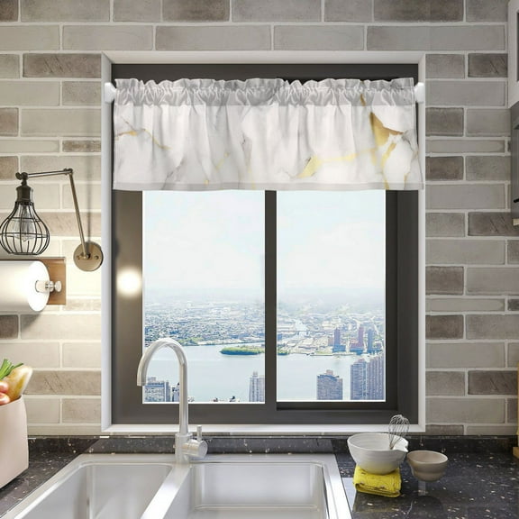 Grey White Marble Valance Curtains 54"x18" Rod Pocket for Kitchen Living Room Windows Farmhouse Decor