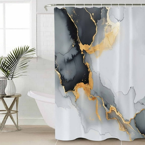 Grey White Marble Waterproof Fabric Shower Curtain, Ink Painting Modern Abstract Shower Curtain for Bathroom Curtains Bathtubs Hotel Washable Shower Curtains with 12 Hooks Extra Long 72x96