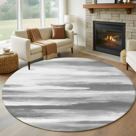 Grey White Ombre Round Rugs 7ft, Abstract Art Oil Painting Modern Non Slip Washable Rug Runner, Low Pile Indoor Floor Carpet Mat Bathroom Rugs for Living Room, Bedroom, Kids Room