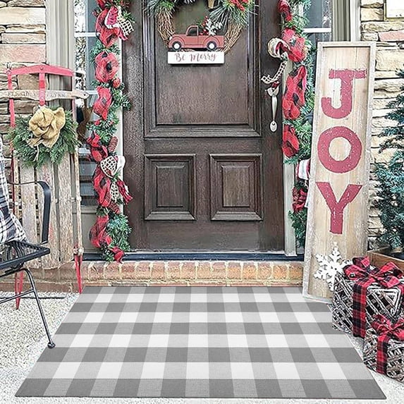 Grey and White Outdoor Rug 26"x49" Buffalo Plaid Porch Mat Cotton Woven Machine Washable Carpet for Layered Doormat Hello/Welcome Door Mat,Kitchen,Farmhouse,Entryway