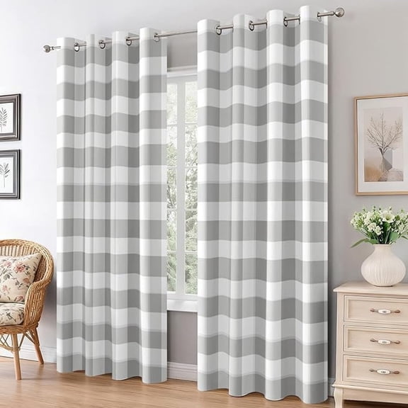 Grey White Plaid Blackout Curtains for Bedroom, Thermal Country Buffalo Check Curtains, Grommet Drapes Window, Cottage Gingham Room Decor Living Room 53"W x 96"L (Pack of 2)