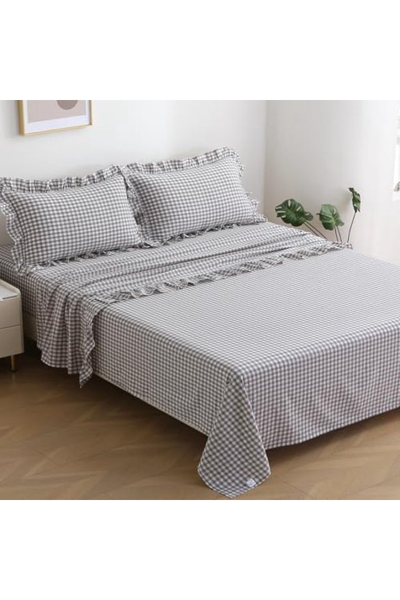 Grey White Plaid Ruffle Gingham Sheets Queen Size 4-Piece Set, 300TC 100% Yarn Dyed Cotton Sheets 18 in Deep Pocket Decorative Bedding (Grey/White Plaid, Queen)
