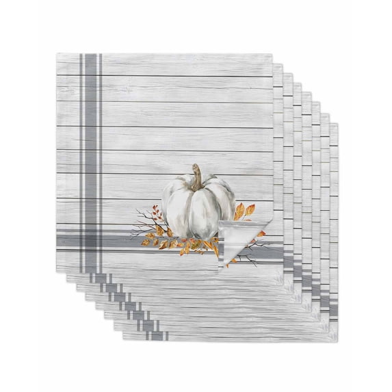Grey White Pumpkin Cloth Napkins Set of 8 Reusable Dinner Napkins, Thanksgiving Fall Leaf Stripe Wooden Cocktail Napkin Washable Table Napkins for Wedding/Holiday Party/Baby Shower 20"x20"