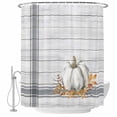 thumbnail image 1 of Grey White Pumpkin Shower Curtain, Waterproof Shower Curtains for Bathroom, Thanksgiving Fall Leaf Stripe Wooden Washable Fabric Bathtub Curtain Set Bath Decor with 12 Hooks Standard 72"x72", 1 of 8