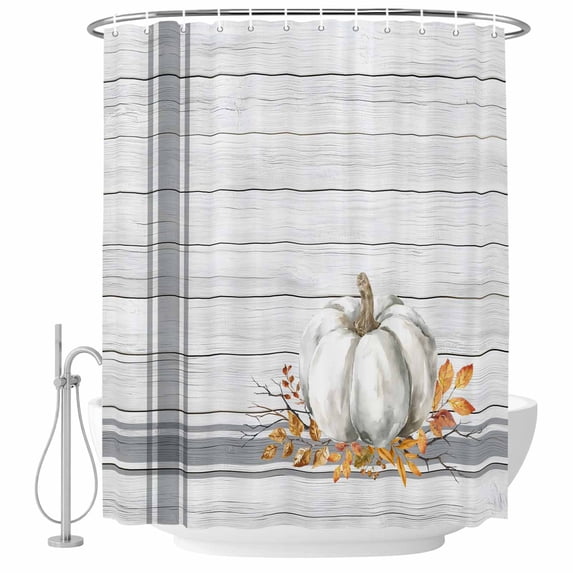Grey White Pumpkin Shower Curtain, Waterproof Shower Curtains for Bathroom, Thanksgiving Fall Leaf Stripe Wooden Washable Fabric Bathtub Curtain Set Bath Decor with 12 Hooks Standard 72"x72"