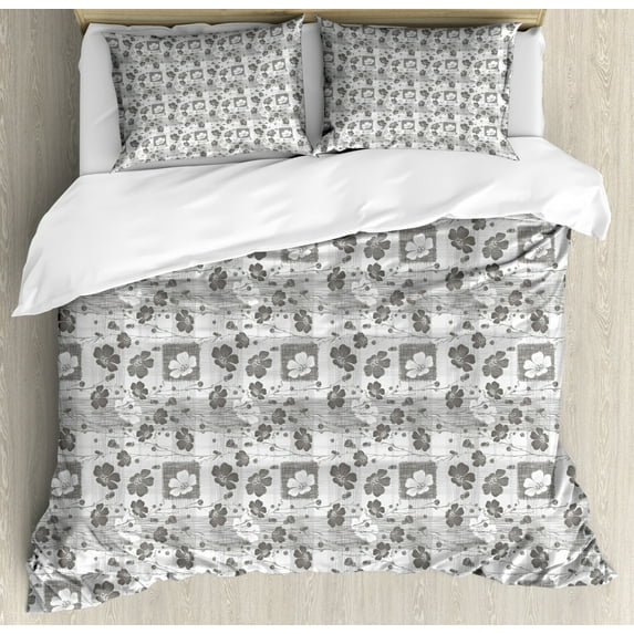 Grey and White Queen Size Duvet Cover Set, Hand Drawn Artistic Inflorescence on Tender Spring Tree Branches Striped, Decorative 3 Piece Bedding Set with 2 Pillow Shams, Grey and White, by Ambesonne