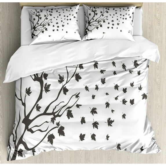 Grey and White Queen Size Duvet Cover Set, Maple Leaf Silhouettes Botanical Branches Autumn Illustration, Decorative 3 Piece Bedding Set with 2 Pillow Shams, Charcoal Grey and White, by Ambesonne