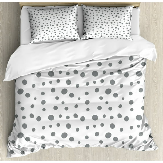 Grey and White Queen Size Duvet Cover Set, Simplistic Spotty Dalmatian Pattern in Retro Style with Doodle Design, Decorative 3 Piece Bedding Set with 2 Pillow Shams, Grey and White, by Ambesonne