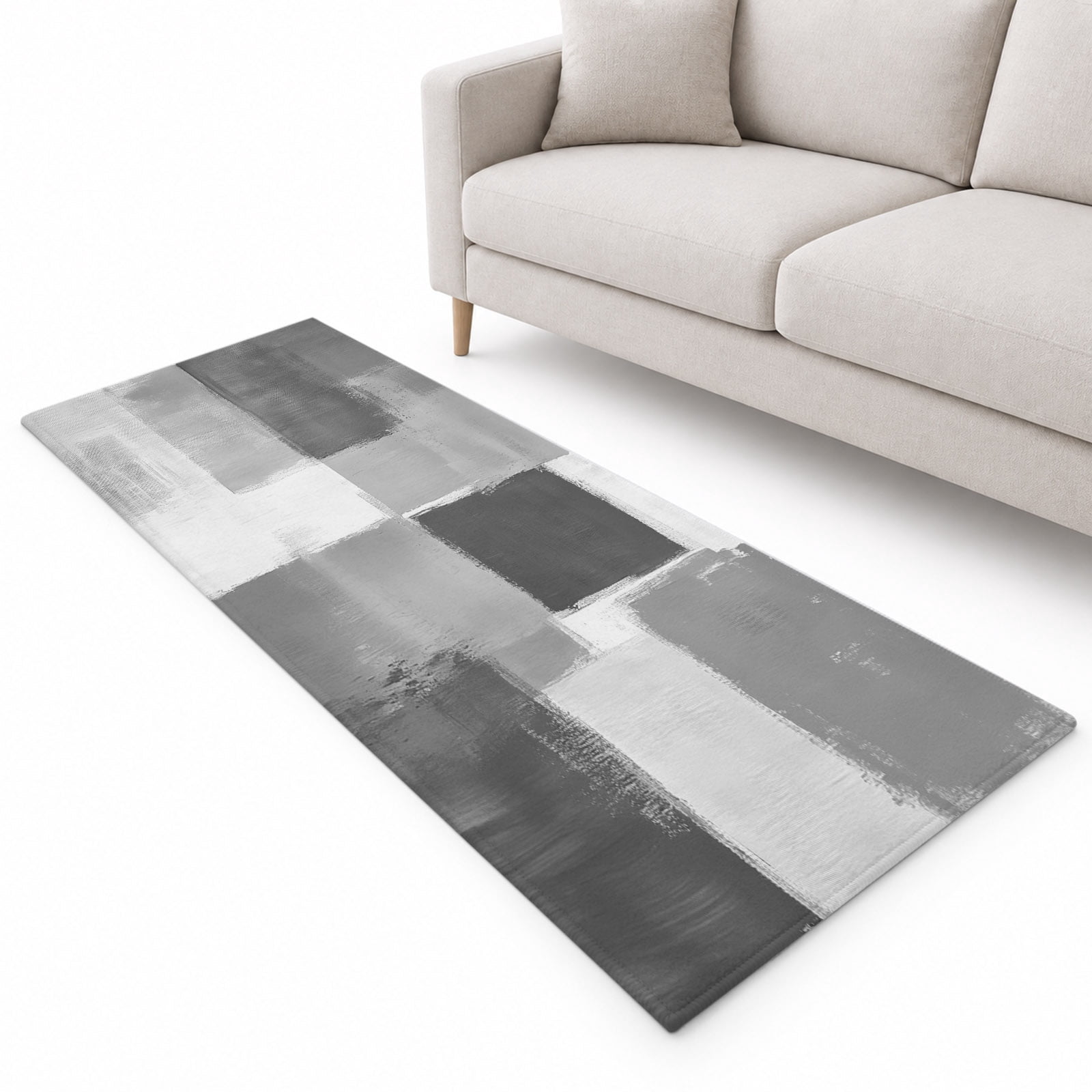 Grey White Runner Rug 2.6'x12', Graffiti Art Mottled Gradient Color ...