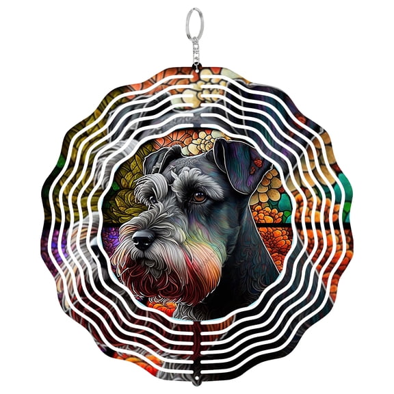 Grey White Schnauzer Dog Portrait 3D Wind Spinner Aluminum Metal Terrier Lover Gift Round